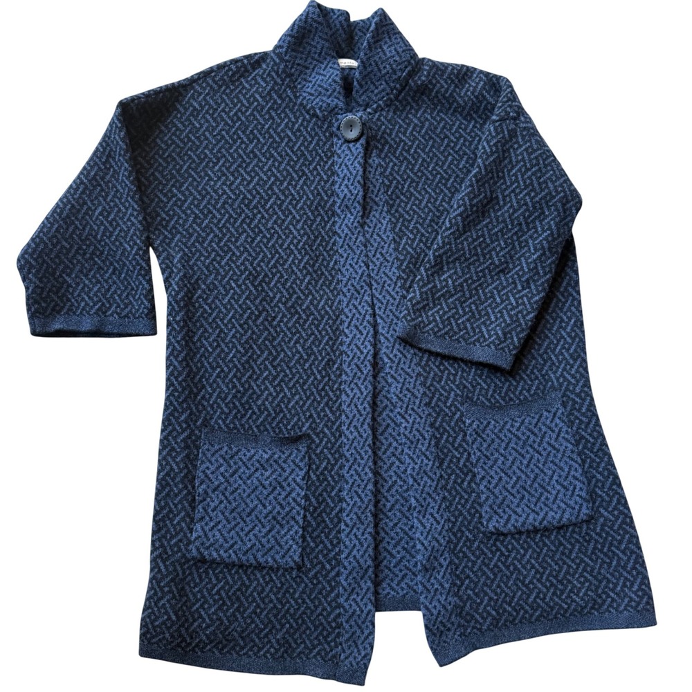Chiaramente Italy Wool Blend Cardigan Shacket Large Navy Blue Black Geometric